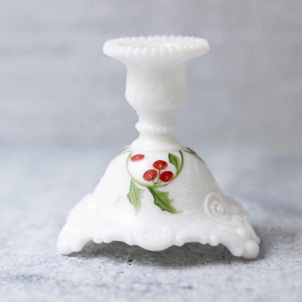 WESTMORELAND MILK GLASS HOLLY CANDLE STICK COMPOTE VINTAGE CHRISTMAS